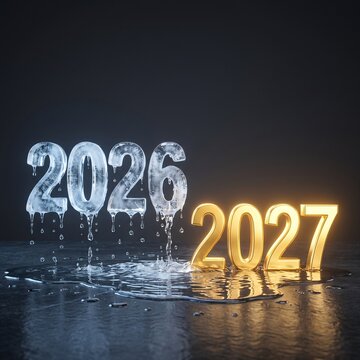 Melting ice numbers representing the year 2026 transition into shiny golden figures marking the beginning of the bright and promising year 2027