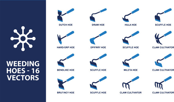 Various gardening hoes displayed on a clean surface for weeding purposes in a garden setting with multiple angles.