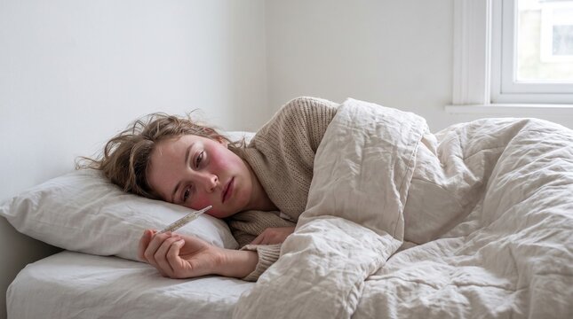 Sick young woman resting in a white bed while holding a thermometer to check her high fever during illness