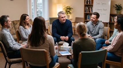 Obraz premium Diverse group of people in a circle session, sharing and listening attentively
