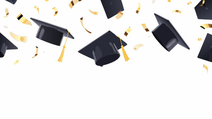 Fototapeta premium Falling graduation caps and confetti pieces create a celebratory 3d vector illustration with a white background academic achievement cap celebration