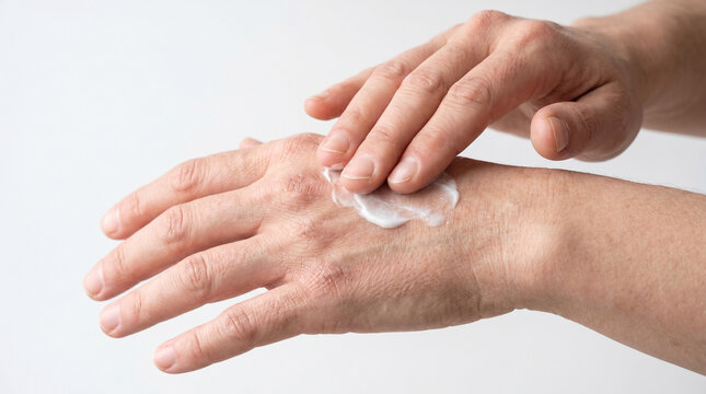 Close up of mature hands applying moisturizing cream on the back of the hand, dry skin treatment and care concept