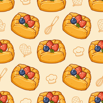 Cute Kawaii Fruit Danish Pastry Seamless Pattern with Berry Bakery Desserts