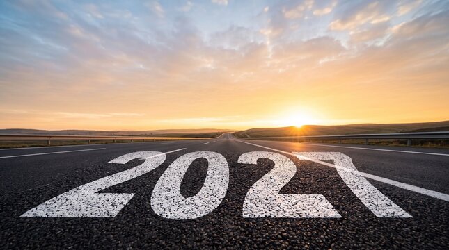 Large white numbers representing the year 2027 are painted directly onto the smooth asphalt surface of a long highway stretching toward a bright golden sunset horizon