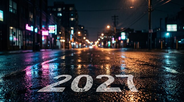 Shiny white numbers representing the year 2027 painted on a dark wet urban street with glowing neon city lights blurred in the far background
