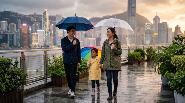 Family enjoying a rainy walk in the city under umbrellas at sunset