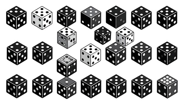 A collection of 20 dice with various numbers on each face
