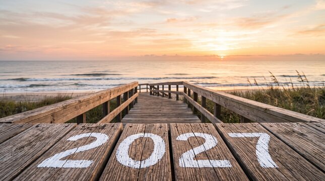 White painted numbers 2027 displayed clearly on weathered rustic wooden planks leading toward a beautiful bright sunrise over the calm ocean waves at dawn