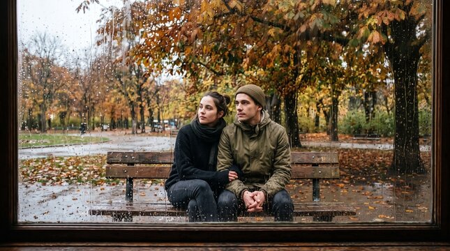 Couple sitting on a park bench in autumn rain, looking thoughtfully into the distance