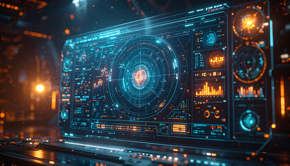 Fototapeta premium This futuristic HUD interface glows with vibrant blue and orange data, evoking wonder and hightech mystery in a scifi spaceship cockpit. Perfect for advanced technology concepts. Nobody.