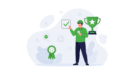 Fototapeta premium Man with checklist and trophy celebrates achievement, showing approval and quality award