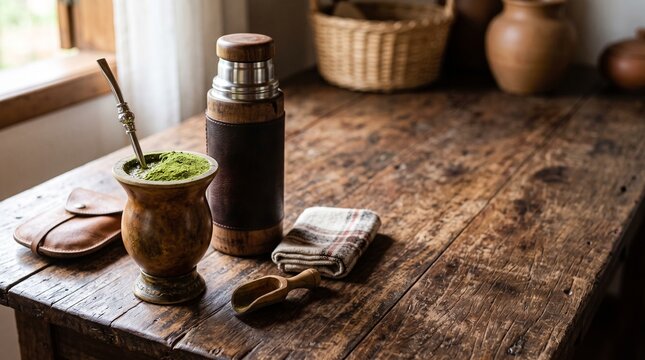 Traditional chimarr&atilde;o on a rustic wooden table overlooking the pampas at sunrise with large copy space