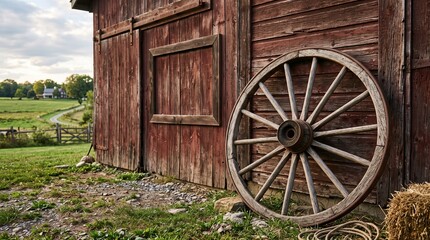 Obraz premium Old Wooden Wagon Wheel Leaning Against a Barn in a Rural Countryside Landscape