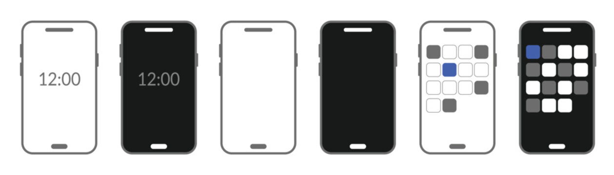 Smartphone device mockups set showing minimalistic flat screens wireframe home interface digital layout time clock display and application grid design variations
