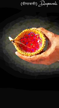 Diwali Celebration Low Poly Geometric Illustration, Hand Holding Glowing Traditional Diya Oil Lamp on Dark Background for Deepavali Festival Greeting Card.