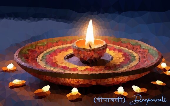 Glowing Diwali Diya Celebration, Traditional Indian Festival Oil Lamp with Decorative Rangoli Base and Sacred Lights