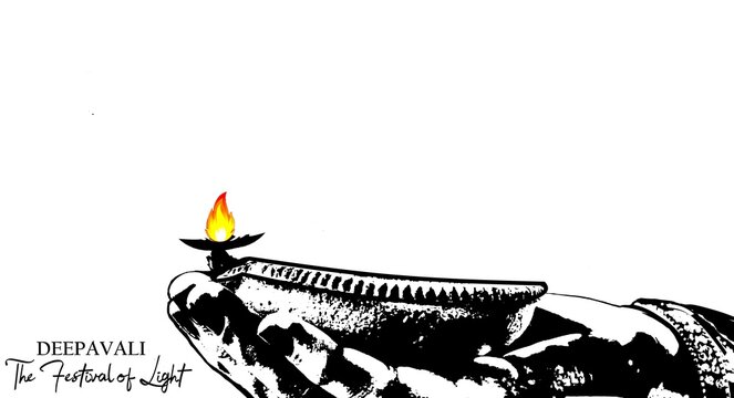 Diwali, or Deepavali in Sanskrit. A festival celebrating the light of traditional oil lamps. Black-and-white image on a white background
