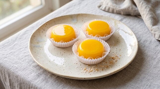 Traditional Brazilian quindim desserts on a porcelain plate near a window with natural light and copy space