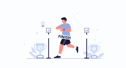 Fototapeta premium Runner Crossing Finish Line with Trophies, Charts, and Medals, Symbolizing Success and Achievement