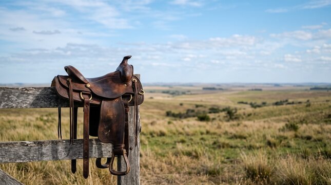 Traditional leather saddle on a rustic fence with pampas landscape and generous copy space