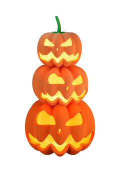 Three stacked glowing halloween jack o lantern pumpkins isolated on transparent background spooky decoration. 