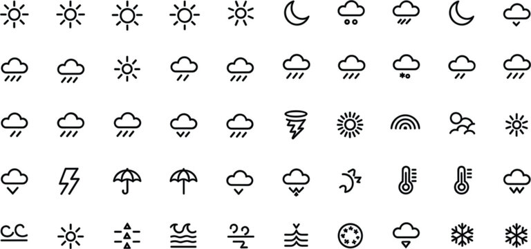 Weather line icon mega vector set with minimalist meteorology sun rain and cloud outline symbols