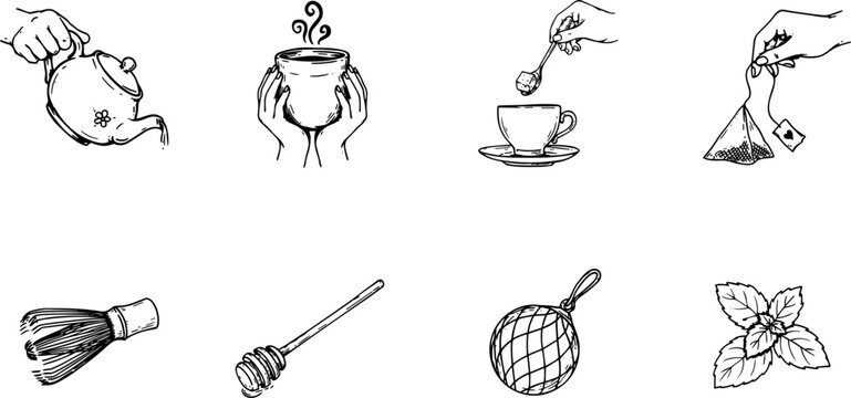Tea time vector icon set with vintage hand drawn sketch illustrations of teapot brewing tea bag matcha whisk dipper and mint