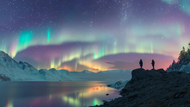 couple stand on cliff by lake look at beautiful night sky with aurora borealis illustrated animation