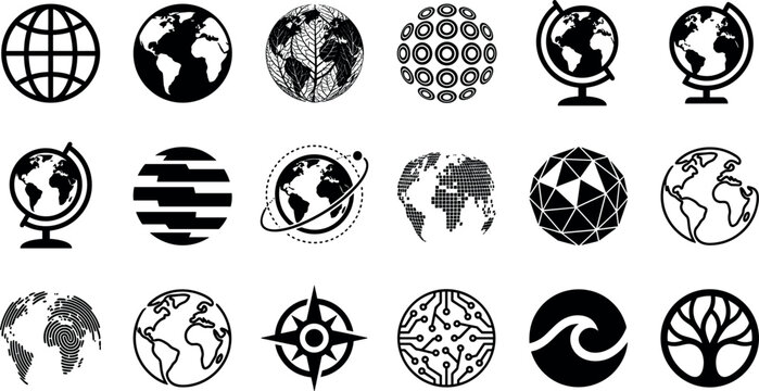 Black silhouette earth globe and world map icon set with abstract geometric patterns, geography desk stands, compass, wave, tree and digital network elements vector illustration.