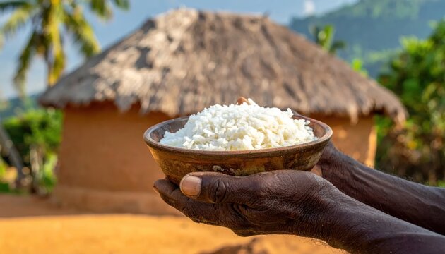 Hands holding bowl of white rice near traditional hut