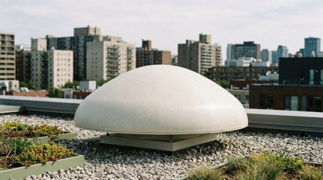 Medium shot showcasing a rooftop biobased composite antenna radome with sleek sustainable design blending seamlessly into urban settings emphasizing green technology integration.