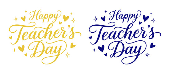 happy teacher's day lettering typography design with sparkles and heart icons