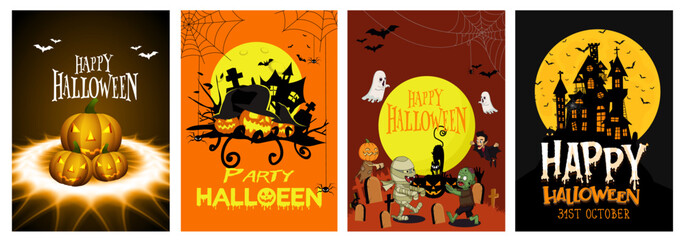 Thanksgiving greeting card template set. Holiday background with pumpkin and fall leaves. Set of Halloween party invitation and Thank You Cards. © Mono Art