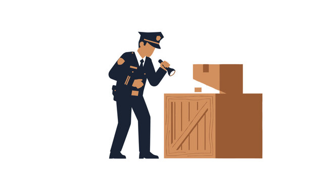 Police Officer or Customs Official Inspecting Shipping Crates and Boxes with a Flashlight, Flat Vector Illustration Isolated on White Background