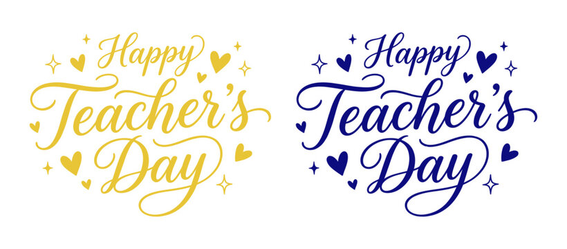 happy teacher's day lettering typography design with sparkles and heart icons