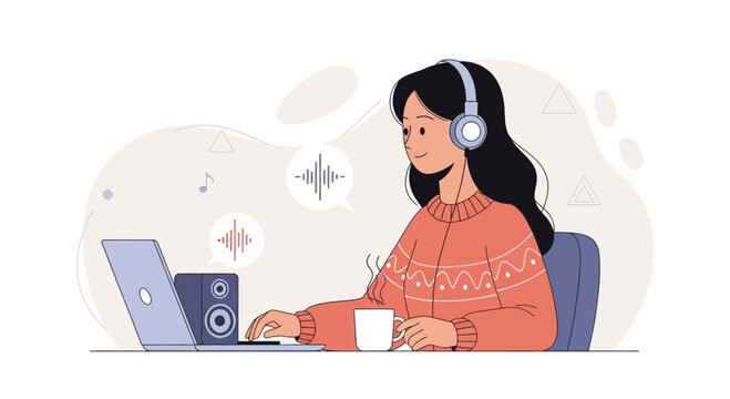 Young woman with headphones listening to music or podcast at laptop with speaker and coffee cup, abstract background