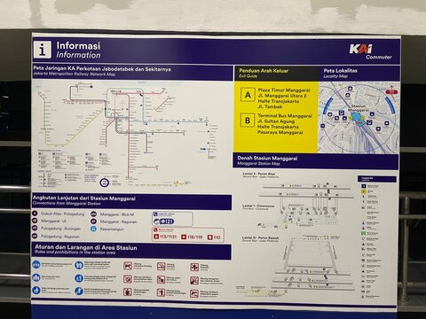 An information board displaying the transit network map, floor plan, and exit guide at Manggarai railway station in Jakarta, Indonesia, taken on May 12, 2025.