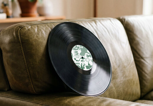 Mockup of Vinyl Record label Resting on Couch