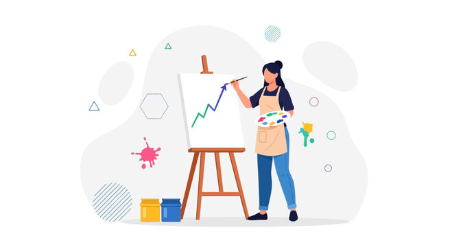 Artist paints upward trending graph on canvas, symbolizing growth, creativity, and successful art business