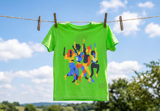 Mockup of green T-shirt Hanging in the Sun