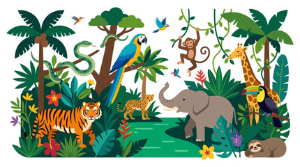 Fototapeta premium Vibrant Pixel Art Jungle Scene with Diverse Wildlife and Lush Foliage Detailed and Colorful Illustration