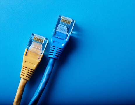 two ethernet cable connectors patch cord cord close up isolated on a blue background with free space