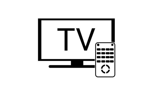 Minimalist black and white icon animation depicting a flat-screen television monitor next to a remote control device.