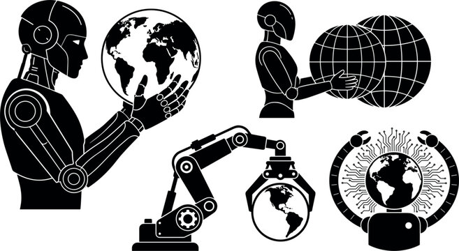 Black silhouette robot and artificial intelligence icon set with androids holding earth globes, mechanical robotic arm and digital network tech elements vector illustration.