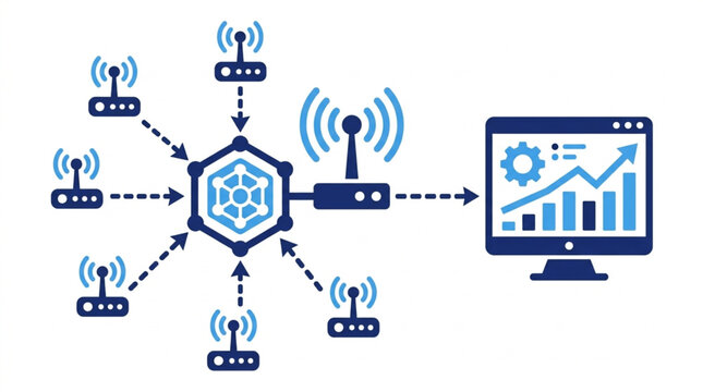 Network connectivity diagram showing data flow to computer monitor.