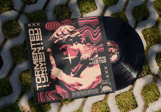Mockup of Vinyl, cover and label on Grass