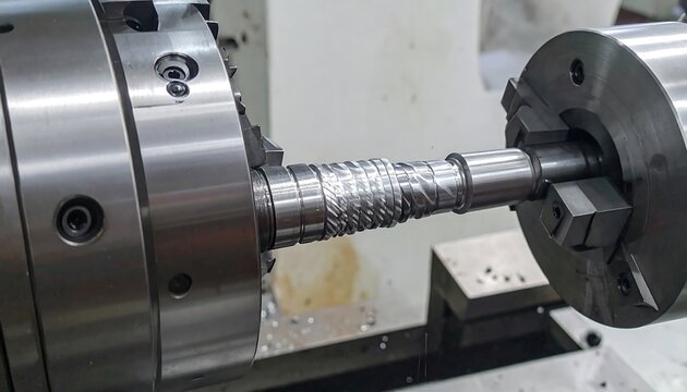 A close-up view of a metal lathe machine's chuck holding a cylindrical workpiece
