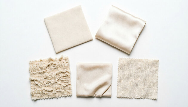 Five undyed fabric swatches, fiber identification, textile reference  