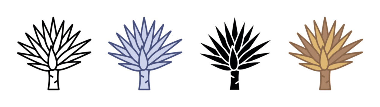 Agave plant icons set. Mexican plant and tequila concept. Includes agave plant outline, blue agave, black silhouette agave, brown agave. Flat and line style