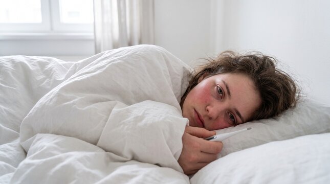 Sick young woman resting in bed with a digital thermometer while suffering from a high fever and red flushed skin